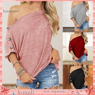 bsx_t-shirt manga corta color sólido mujeres hombro fuera botones blusa suelta top para verano