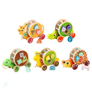 JF Wooden Shape Sorter Pull Toy Baby Toddler Learning Walking Push and Pull Carriage Educational Wheel Car Toy