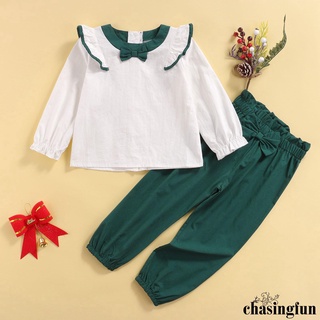 Chf-girls Casual de dos piezas conjunto de ropa, blanco cuello redondo jersey y verde ejército pantalones elásticos de la cintura
