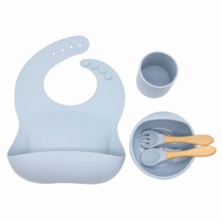 R-R 5 piezas de silicona para bebé babero taza de succión cuchara tenedor conjunto de entrenamiento de alimentación de alimentos plato plato utensilios de vajilla Kit de vajilla para bebés recién nacidos (5)