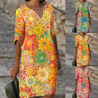 yemianbuj vestido de verano crisantemo impresión suelta mujeres manga corta cuello v vestido para fiesta