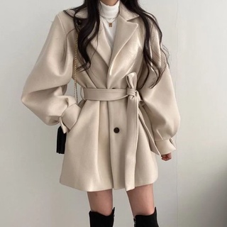Nuevo estilo coreanoChicOtoño e invierno abrigo de estilo suelto de lana de las mujeres traje de Cuello medio-largo pequeño abrigo de lana de las mujeres 8fVf (3)