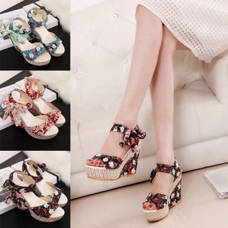 las mujeres de la moda cuñas sandalias floral impreso encaje hasta tacones altos sandalias de dedo del pie abierto sandalias de plataforma tamaño 35-40