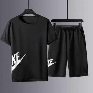 [Traje de hombre] traje de deporte de verano de los hombres de seda de hielo de dos piezas de manga corta pantalones cortos T-shirt delgado moda casual traje