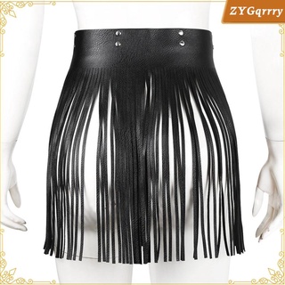 Women Punk Gothic Faux Leather Fringe Tassel Skirt Belt Clubwear Dance Dress