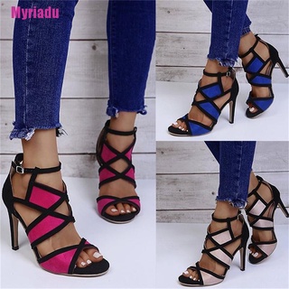 [Myriadu] Women Peep Toe Patchwork Colors Thin Heel Sandals Strap Cross High Heel Sandals