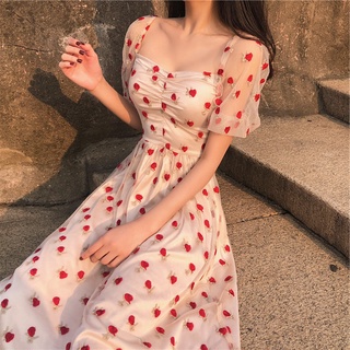 Vestido de fresa de malla nuevo francés primer amor dulce hada Floral falda (1)