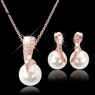 conjunto de joyas de boda de oro rosa de cristal de imitación perla colgante collar pendientes (1)