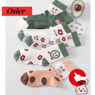 Osier calcetines casuales para mujer/calcetines de algodón transpirables/colores dulces/ropa Kawaii de dibujos animados/conejo/patrón bordado