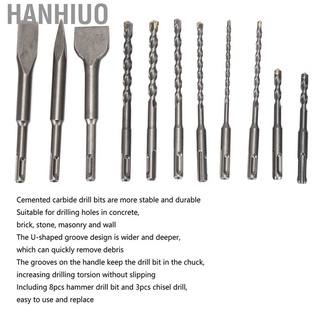 Hanhiuo 8Pcs Rotating Hammer Drill Bit Cemented Carbide + 3Pcs Chisel for Concrete Brick Stone