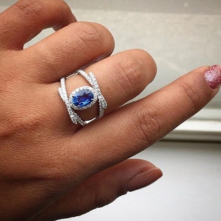 encantador anillo de plata brillante ovalado azul zafiro cruz diamante joyería promesa propuesta regalo compromiso boda anillos