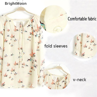 [BrightMoon] Moda mujeres señoras gasa camiseta estampado Floral blusa de manga larga Casual Tops