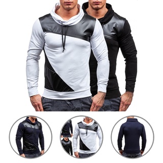 copylong Faux Leather Men Sweatshirt High Collar Long Sleeve Autumn Sweatshirt Pullover for Daily Wear (1)