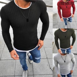 Fr moda hombres cuello redondo manga larga Patchwork delgado suéter de punto jersey superior