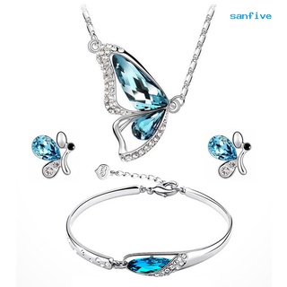 sanfive - juego de joyas de mariposa con diamantes de imitación para mujer, collar, pendientes y pulsera