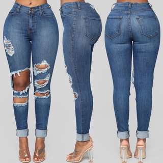 Women High Waist High Waist Elastic Hole Jeans Loose Denim Slim Pants