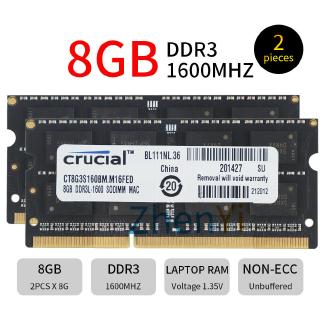 2Pcs 8GB DDR3L PC3L-12800S 1600MHz SODIMM memoria RAM negro portátil para Crucial AD38