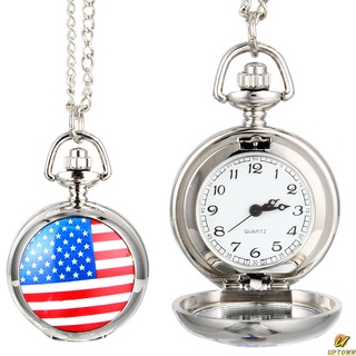 Fashion Men Women Vintage Quartz Pocket Watch Alloy USA Flag Unisex Sweater Chain Necklace Pendant Clock Gifts