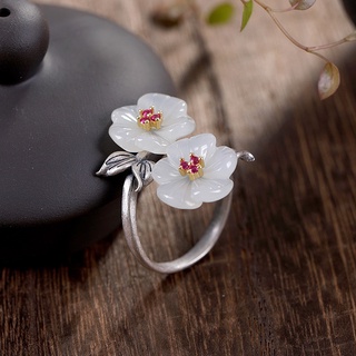 tradicional hecho a mano de plata de ley 925 abierta ajustable anillos hetian jade flor de ciruelo banda de dedo anillo de eternidad joyería