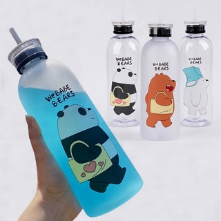 1000ml portátil transparente esmerilado botellas de agua de plástico con paja/al aire libre niños de dibujos animados oso patrón de succión botella de beber