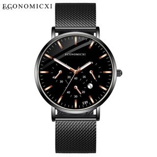 moda guapo hombres relojes de negocios esfera redonda hebilla malla correa electrónica relojes de cuarzo