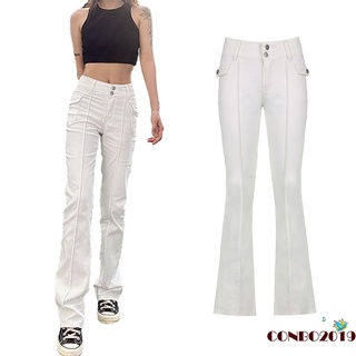 Hgm-pantalones acampanados de estilo Simple para mujer, color blanco, cintura baja, hebillas dobles, con bolsillos (7)