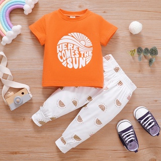 [xhsa]-niño niños bebé niñas sol carta camiseta tops arco iris impresión pantalones trajes conjunto