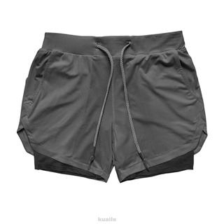 pantalones cortos para correr para hombre/transpirable/suave/secado rápido/2 en 1 con bolsillo de teléfono para correr