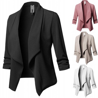 mujer color sólido plisado manga larga abrigo señora blazer señoras traje de oficina