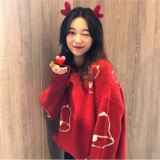 Inventario adecuado_2021 nueva versión coreana del suéter navideño suelto y perezoso para mujer, suéter rojo de año nuevo rojo y grueso de red de otoño e invierno