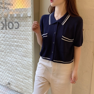 IELGY Polo Collar Short Knit Cardigan Women's New Summer Korean Style Loose Thin Short Sleeve Base Shirt Top (7)