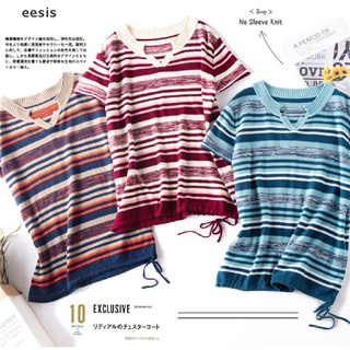 [eesis] verano suéter de punto vintage tops rayas mujeres manga corta suelta camisetas dfhf