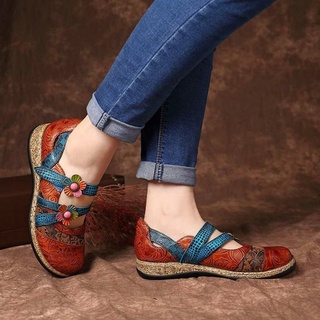 Retro Inglaterra Floral Cuero Costuras Sandalias Rayas Cuñas Zapatos Planos Casual