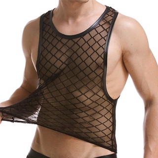 hombres transparente malla ropa interior chaleco tank top a-shirt negro slim camisetas