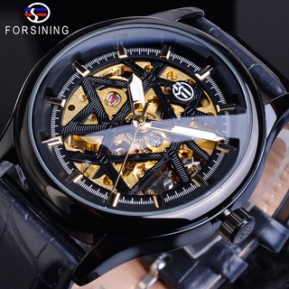 Reloj de cuero esqueleto negro de lujo para hombre Steampunk mano viento mecánico de acero inoxidable relojes de pulsera