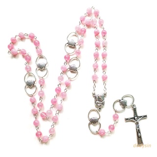 dodysin Rosary Bead Long Necklace Alloy Chain with Cross Catholic Jewelry Prayer Pendant Party Gift for Women