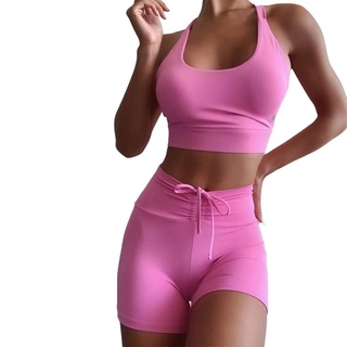 ♀Vr✩2 piezas de ropa de Yoga, mujer de Color sólido U-cuello sin mangas Crop Top+pantalones cortos para el verano, negro/rosa