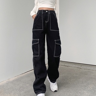 cintura alta multi bolsillos mujeres jeans invierno recto pierna ancha patchwork pantalones de mezclilla streetwear