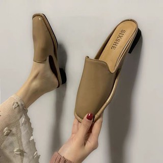 Moda simple Tacón Plano Baotou Media Zapatillas Para Las Mujeres En Verano Desgaste Versátil Perezoso Sandalias De Cabeza Cuadrada Bajo Muller Zapatos