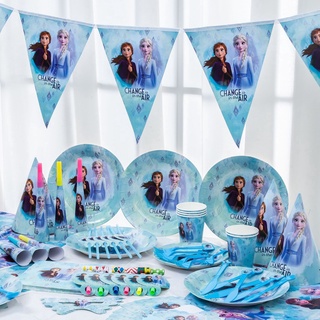 Disney Frozen vajilla desechable Anna Elsa decoración Set Banner pastel Topper plato paja bebé fiesta de cumpleaños necesidades