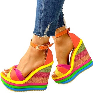 Ins elegante promoção arco-íris colorido, sandálias de salto alto extremo, para festa, com plataforma, plus size 43, verão 2021