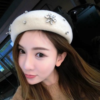 Boina para mujer otoño e invierno nuevo sombrero de lana con diamantes de imitación moda todo a juego británico Retro coreano tipo pintor Cap moda (1)