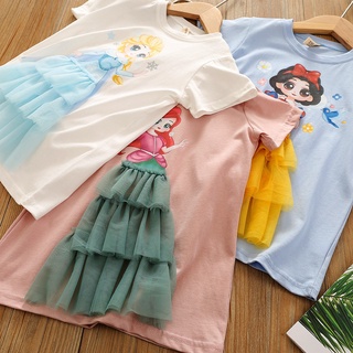 Vestido de dibujos animados de algodón para niños y niñas Camisa de manga corta de verano Disneyland Frozen Princesa Elsa Vestido de niña camiseta Ropa para niños