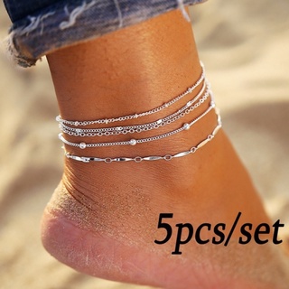 5 unids/Set Charm plateado cadena tobilleras conjunto de pulsera para las mujeres cuentas delgadas descalzo Simple descalzo tobillera conjunto de joyería regalos