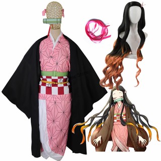 Nueva Kamado Nezuko Anime Cosplay disfraz peluca Demon Slayer Kimetsu no Yaiba Kimono uniforme capa conjunto completo Halloween gradiente pelo