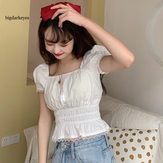 bd mujeres verano cuello cuadrado slim encaje camisa puff manga corta blusa crop top (5)