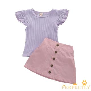 Qda-1-5y Kid bebé niña verano conjunto de ropa, básico liso volantes manga punto superior + botón falda 2 piezas conjunto de traje (3)