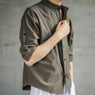 media manga casual camisa cuello de pie suelto botones cierre color sólido hombres camisa superior (6)