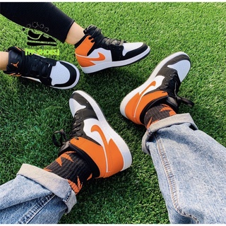 『fp•shoes』 nike air jordan 1 mid aj1 corte medio de las mujeres zapatos de baloncesto unisex hombres zapatos de los hombres zapatos de deporte naranja negro (4)