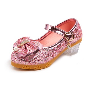 Niñas cristal princesa zapatos 2021 nuevos niños zapatos de cuero zapatos de tacón alto zapatos para fiesta dulce lazo nudo lentejuelas moda Chic